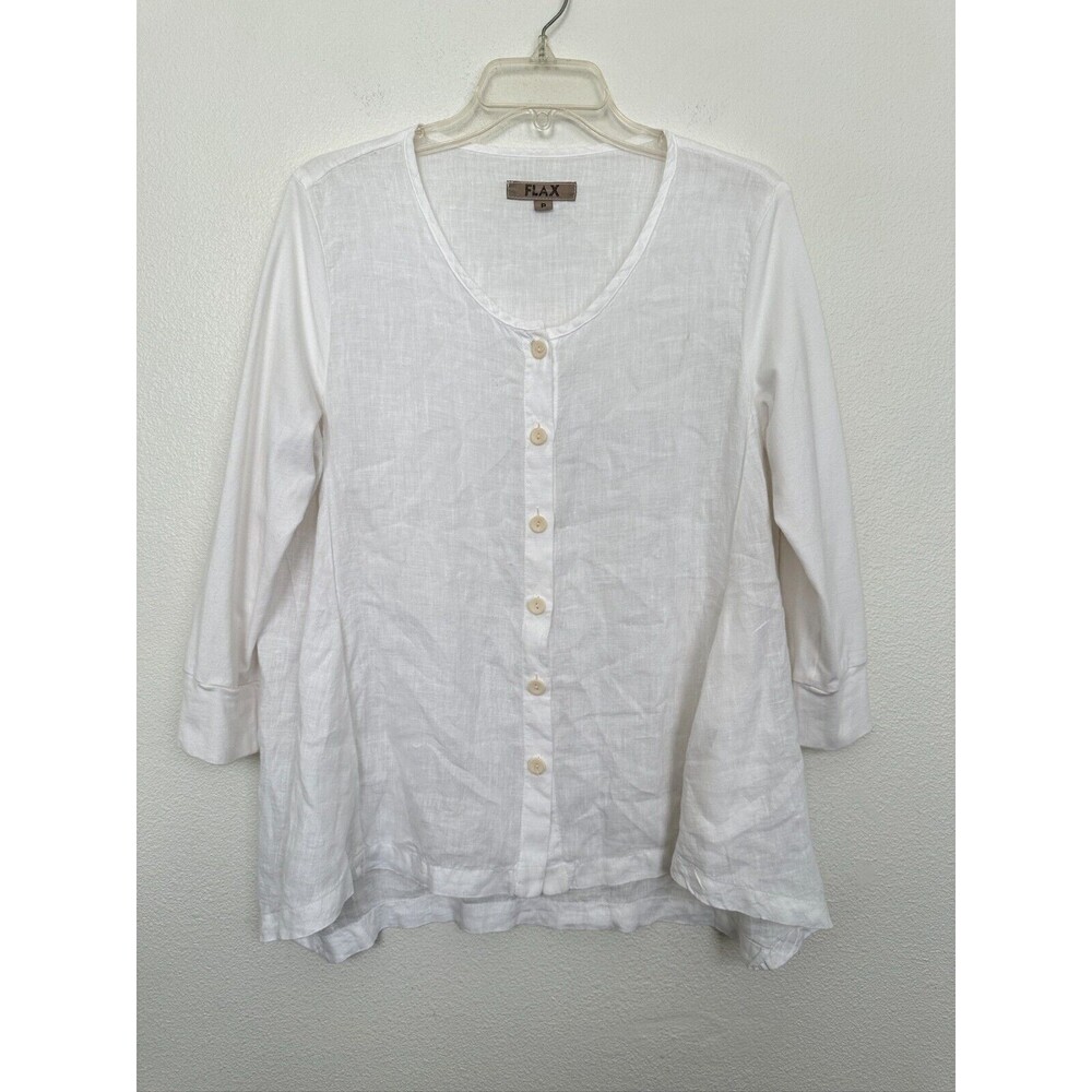 FLAX Linen Button Front Top Mixed Media White Lagenlook Beach Light Women's 6